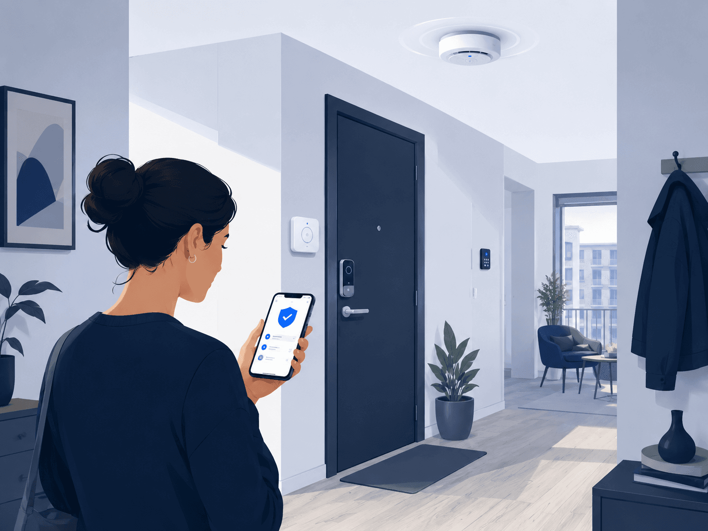 Lägenhetshall med dörrsensor, brandvarnare och larmapp